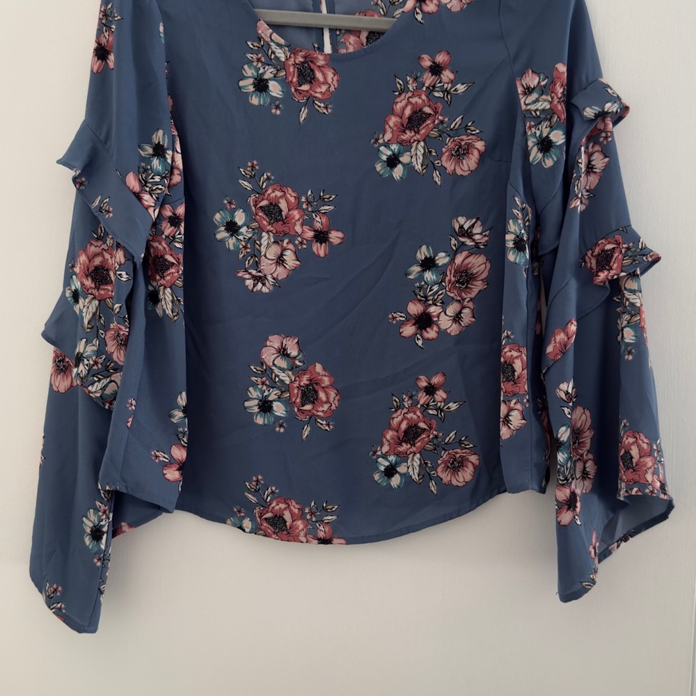 Lush Floral Blouse with Ruffle Sleeves - Blue and Pink